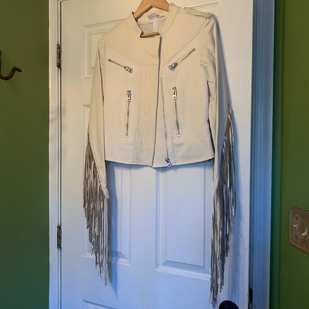 Cream Vegan Leather Fringe Jacket